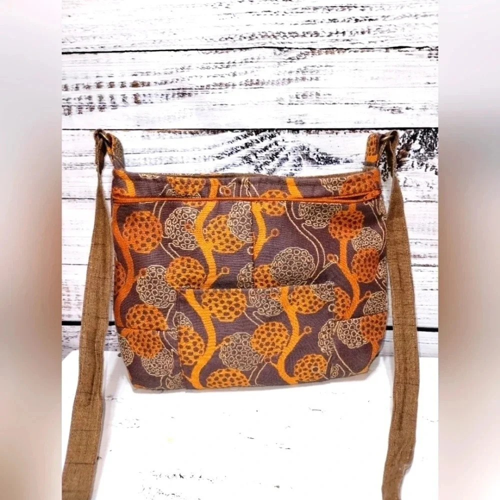 Handmade Gray and Orange Vintage Fabric Satchel‎ Crossbody Handbag 70's